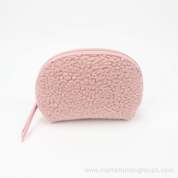 Sherpa Shell Shape Makeup Bag, Cute Pink Cosmetic Plush Storage Bag